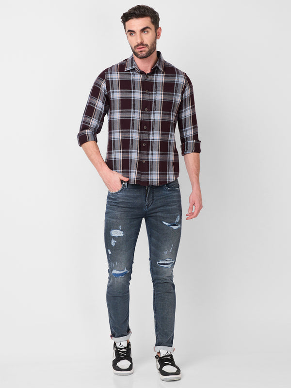Killer Men Wine Checks Slim Fit Shirts