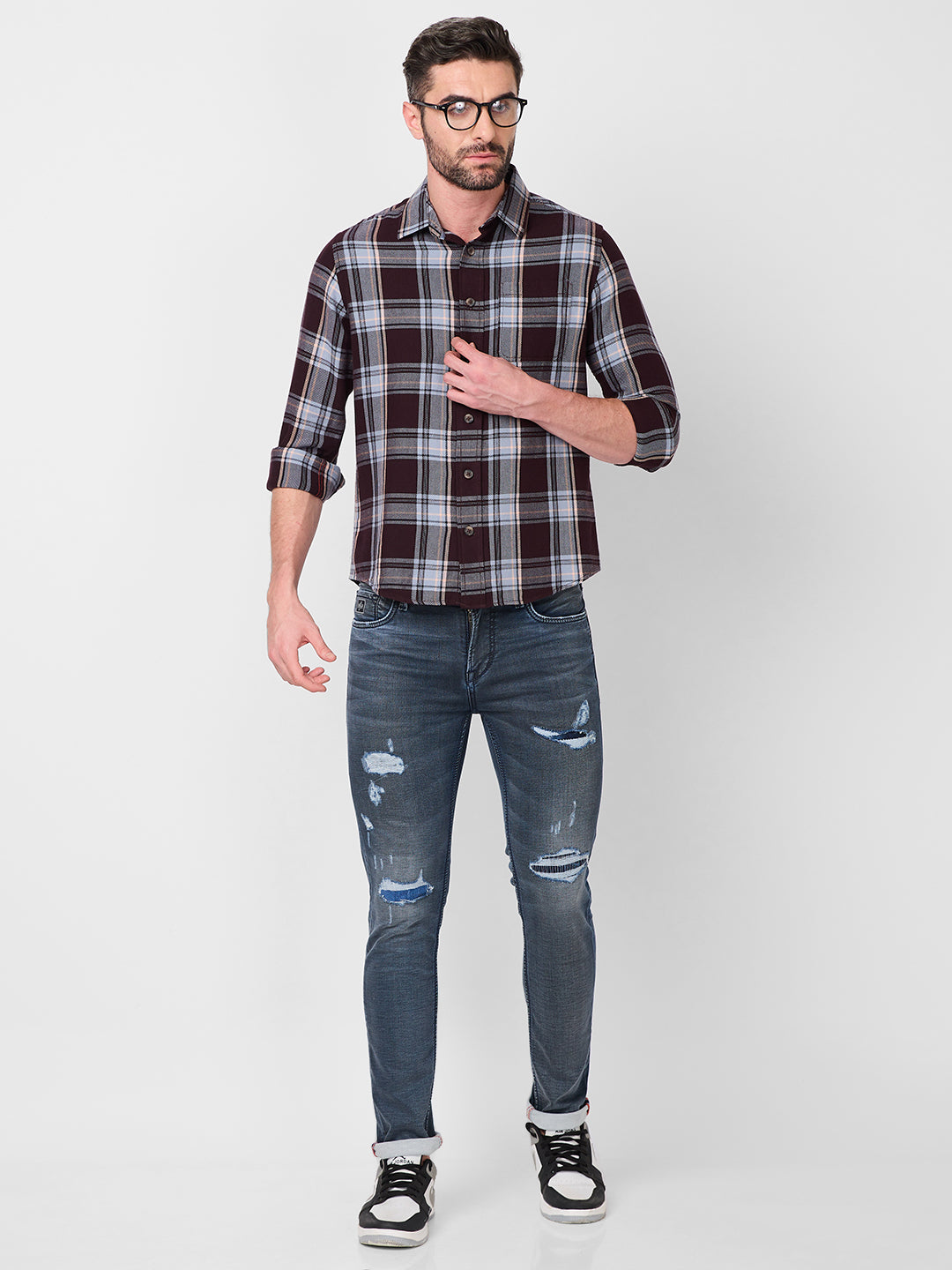 Killer Men Wine Checks Slim Fit Shirts