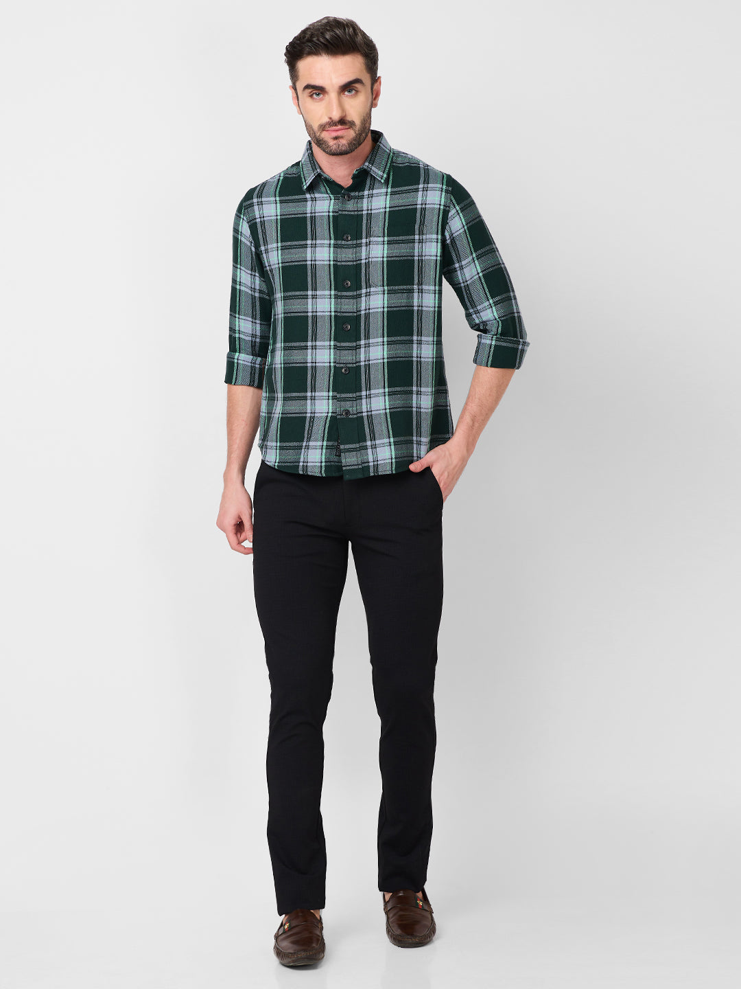 Killer Men Dark Green Checks Slim Fit Shirts