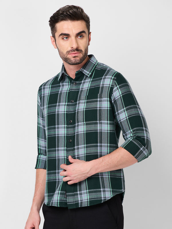 Killer Men Dark Green Checks Slim Fit Shirts