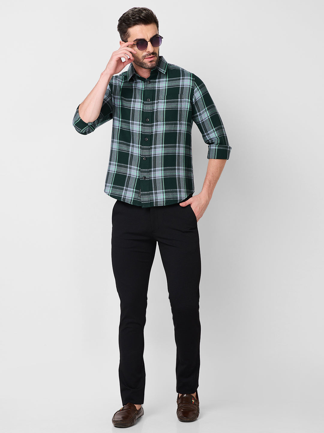 Killer Men Dark Green Checks Slim Fit Shirts