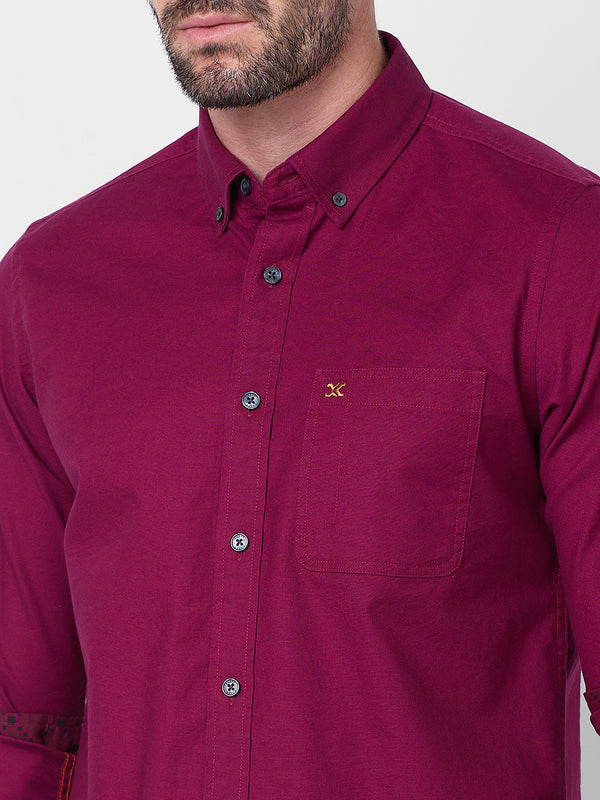 Full Sleeves Slim Fit Plum Button-Down Oxford Solid Shirt