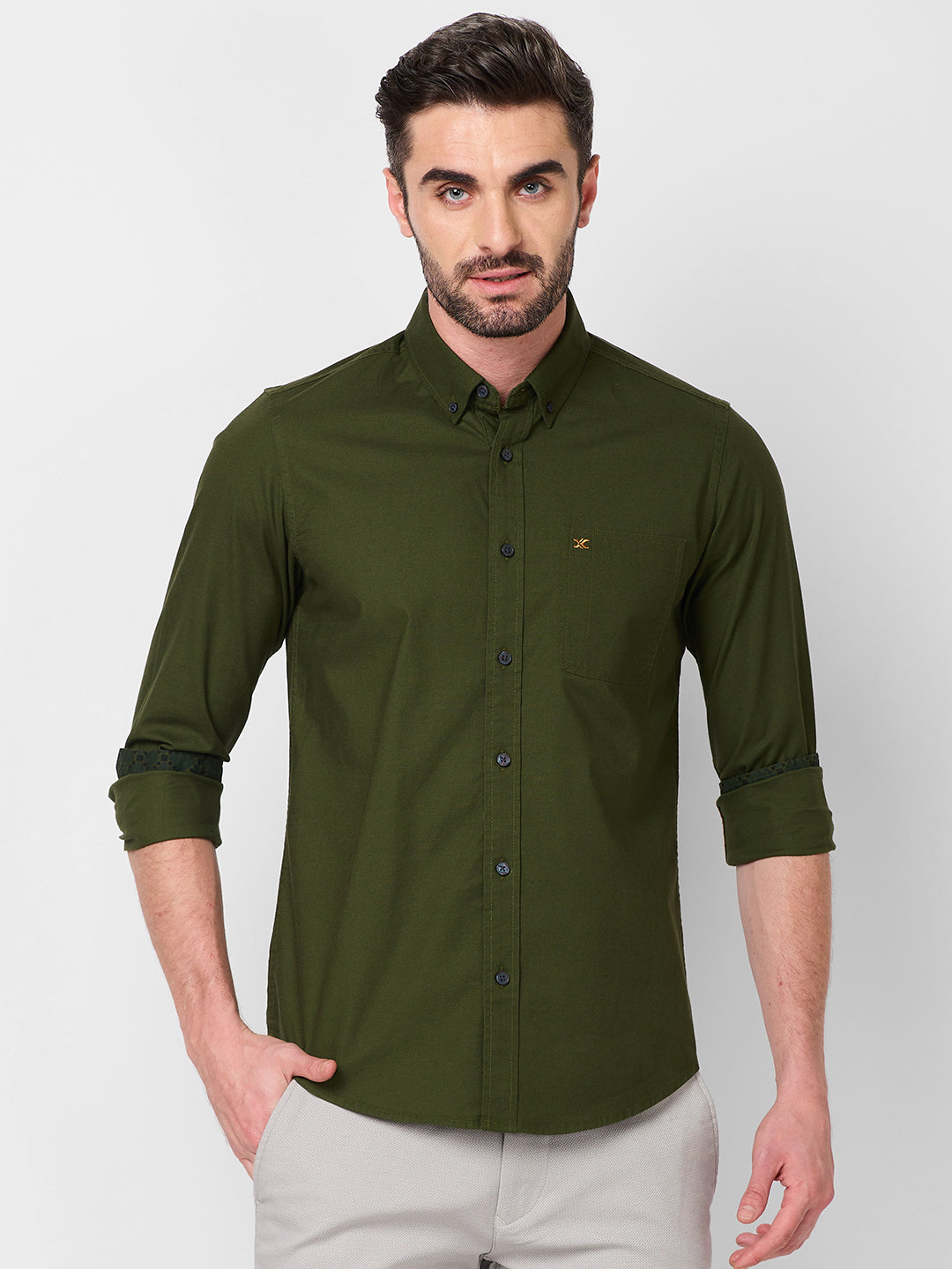 Full Sleeves Slim Fit Olive Button-Down Oxford Solid Shirt