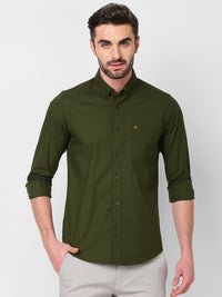 Full Sleeves Slim Fit Olive Button-Down Oxford Solid Shirt