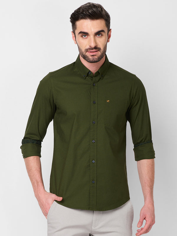 Full Sleeves Slim Fit Olive Button-Down Oxford Solid Shirt