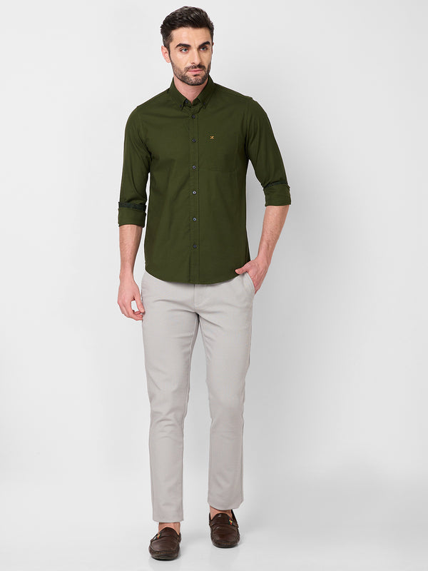 Full Sleeves Slim Fit Olive Button-Down Oxford Solid Shirt