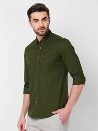 Full Sleeves Slim Fit Olive Button-Down Oxford Solid Shirt