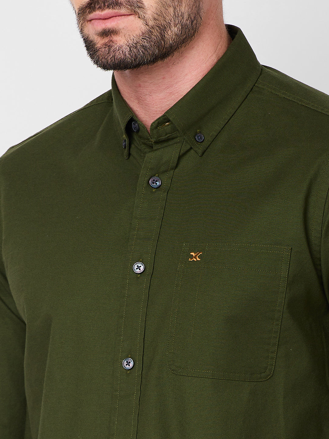Full Sleeves Slim Fit Olive Button-Down Oxford Solid Shirt
