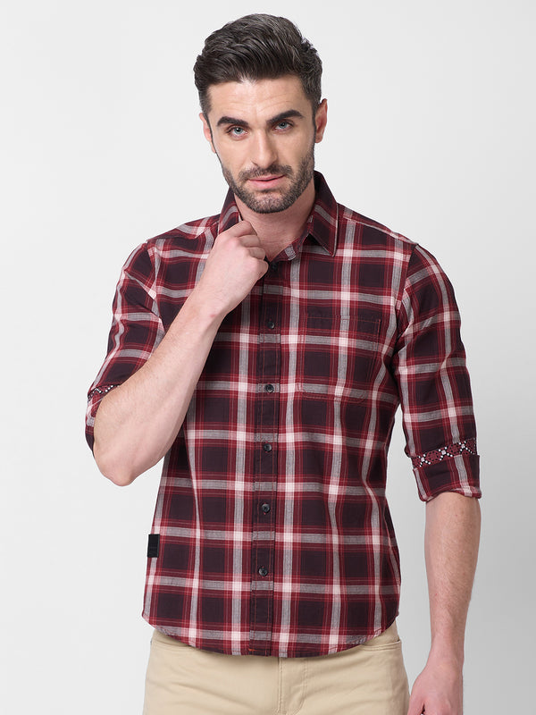 Killer Men Maroon Checks Slim Fit Shirts