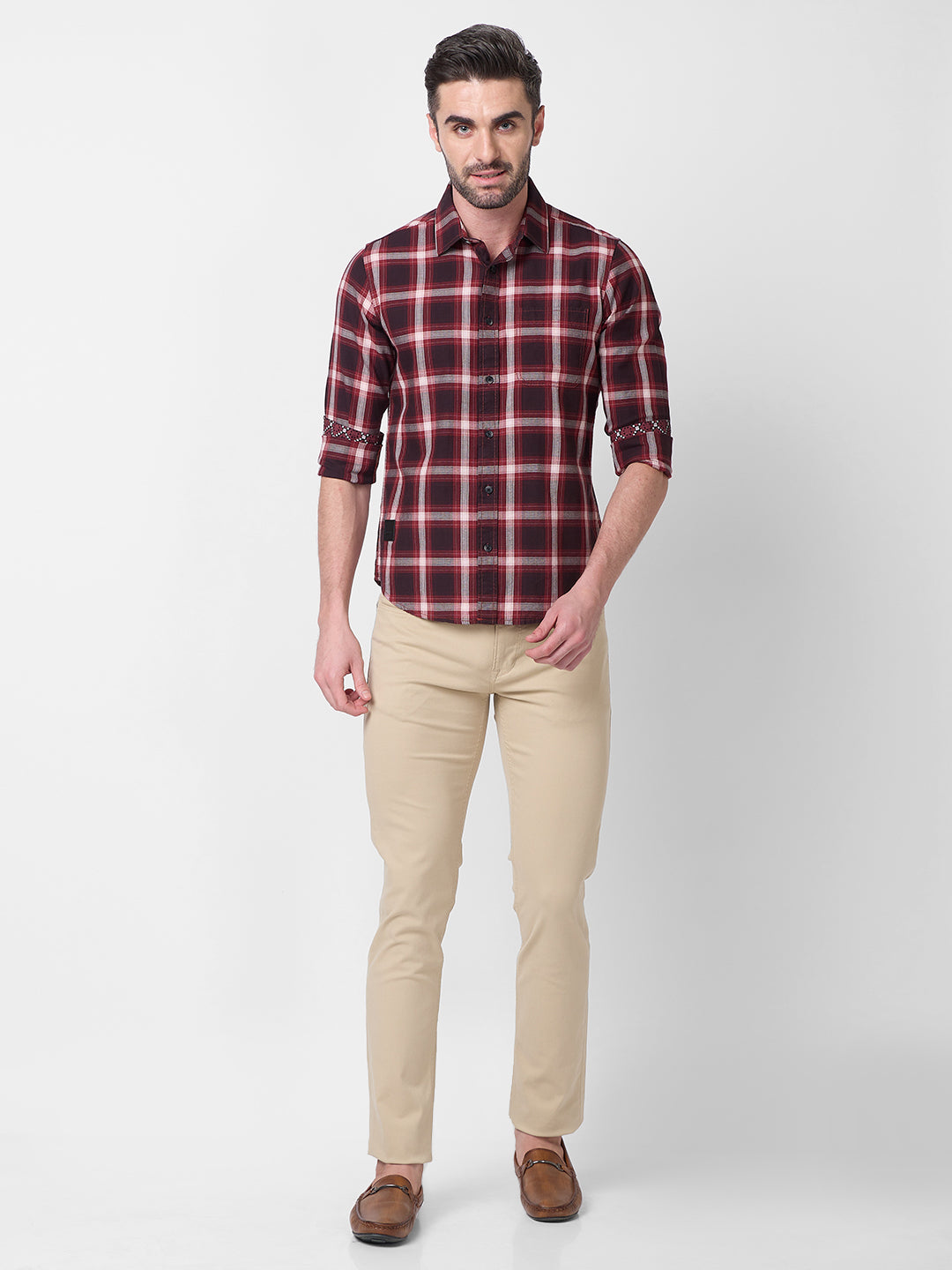 Killer Men Maroon Checks Slim Fit Shirts