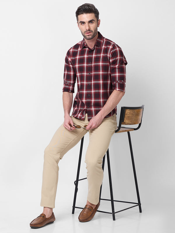 Killer Men Maroon Checks Slim Fit Shirts