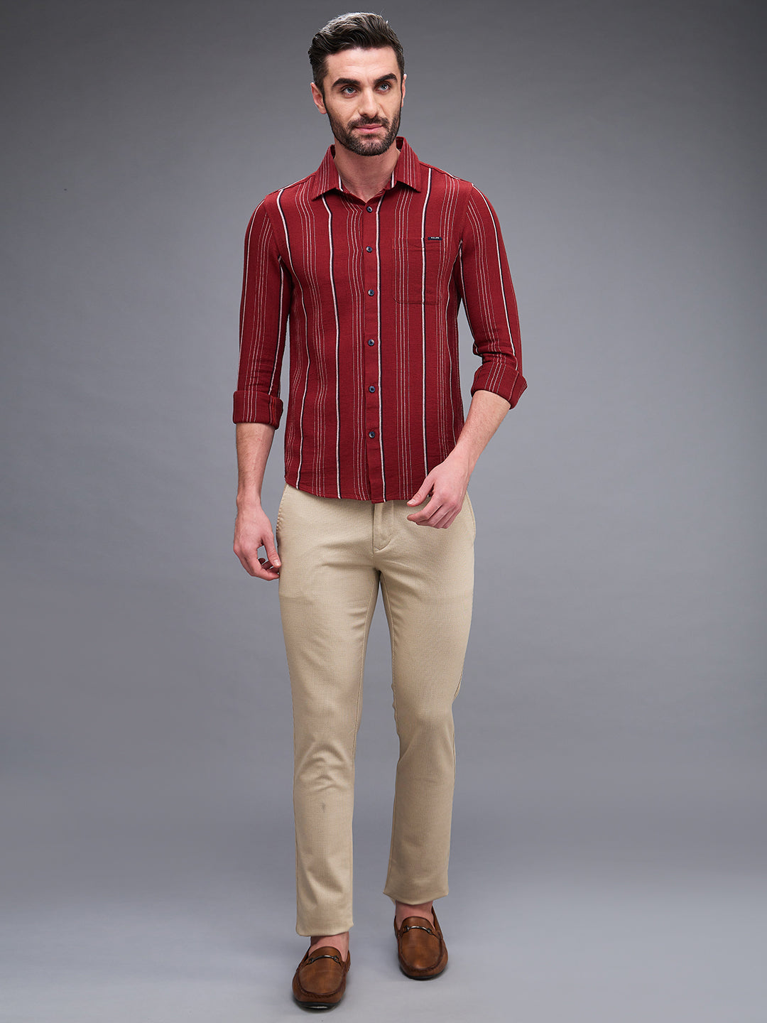 Killer Men Maroon Stripe Slim Fit Shirts