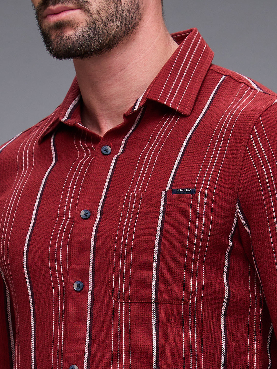 Killer Men Maroon Stripe Slim Fit Shirts