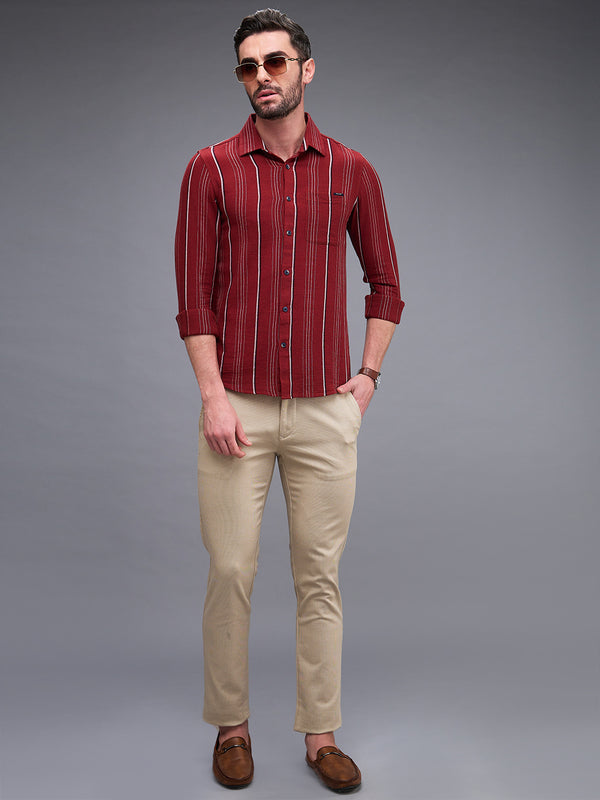 Killer Men Maroon Stripe Slim Fit Shirts