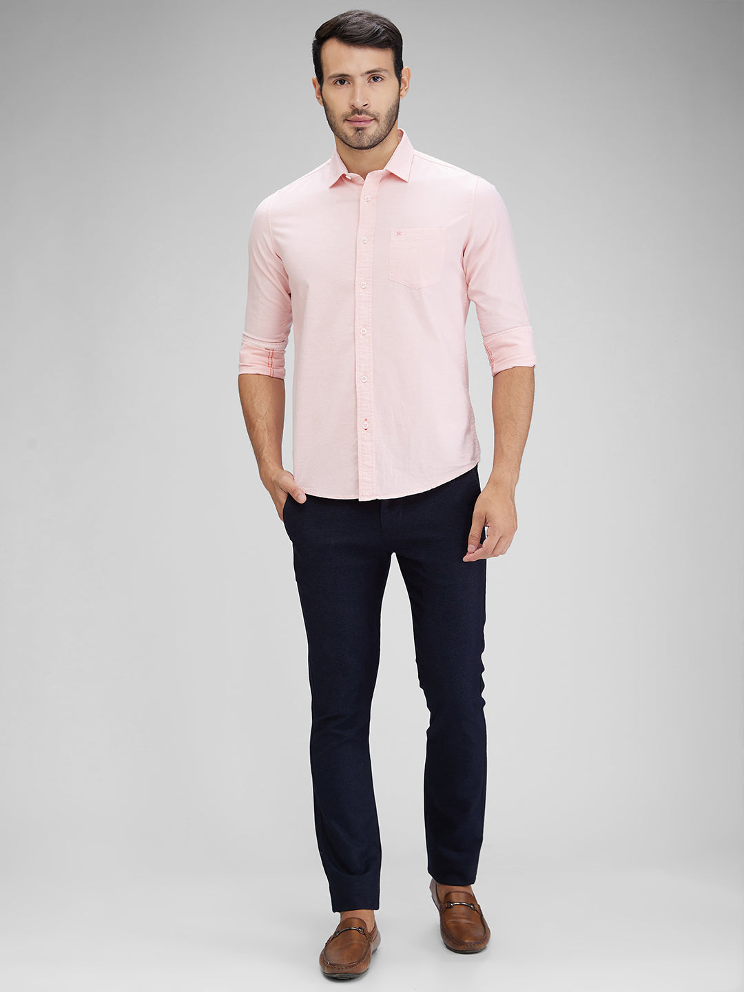 Killer Men Peach Solid Slim Fit Shirts