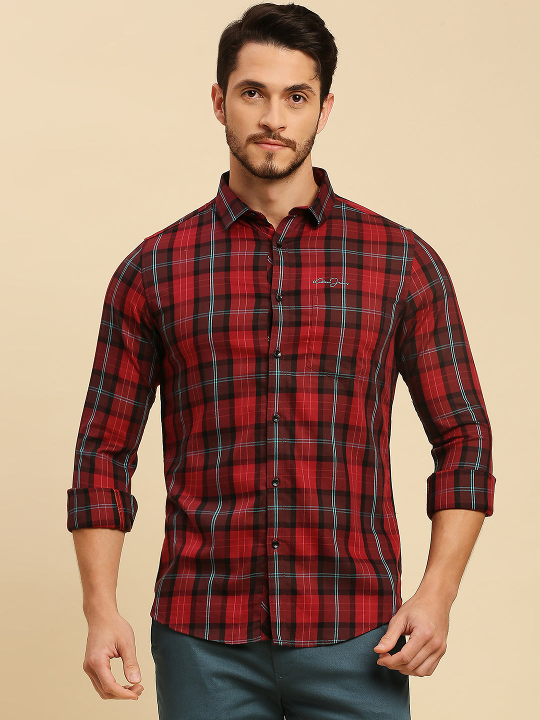 Killer Men Maroon Checks Slim Fit Shirts