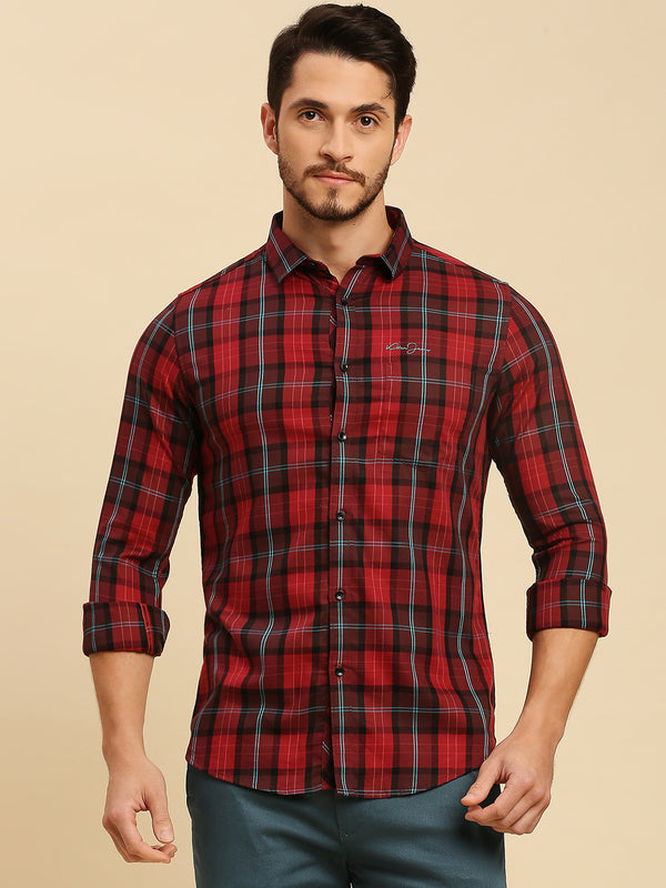 Killer Men Maroon Checks Slim Fit Shirts