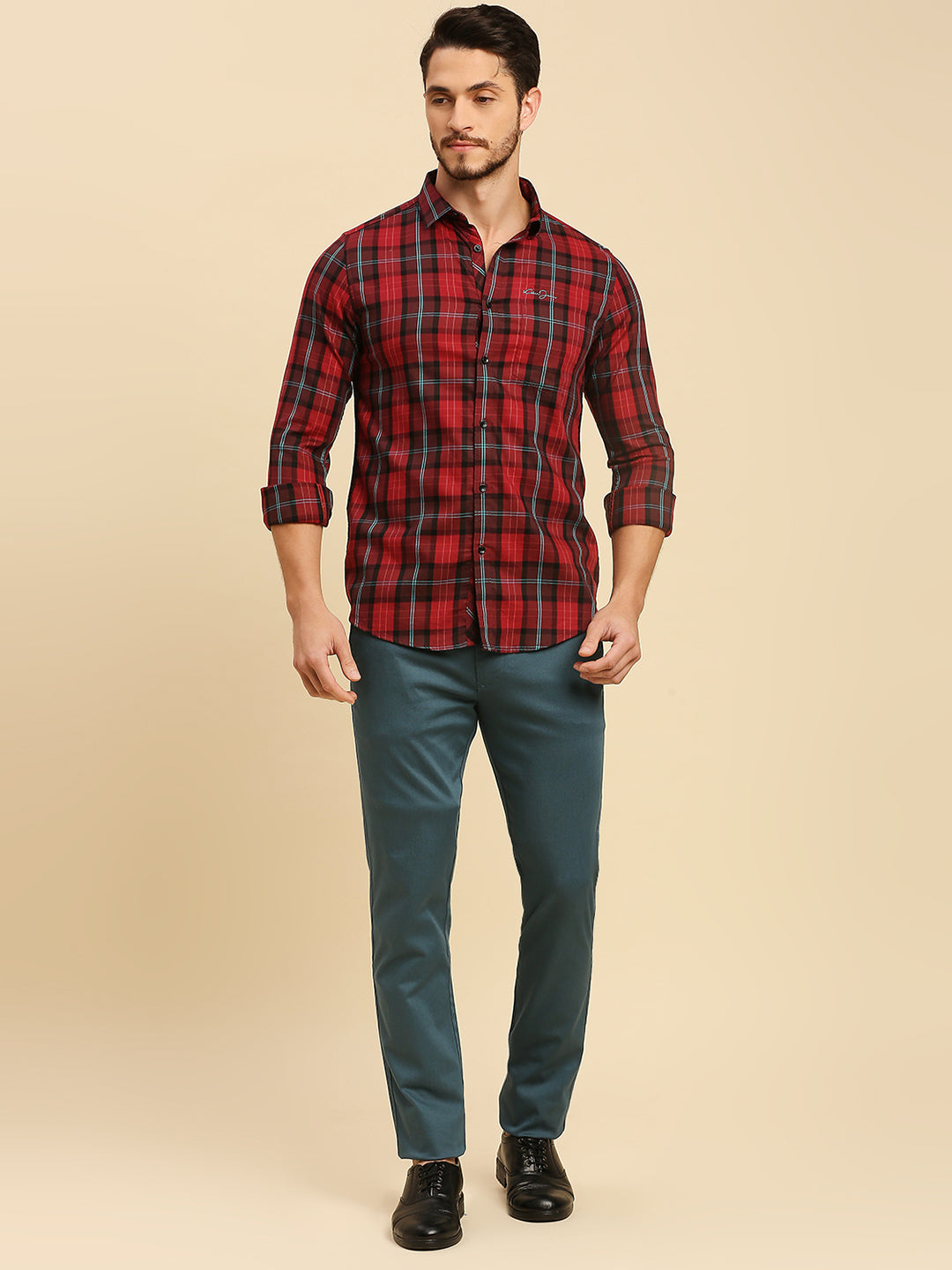 Killer Men Maroon Checks Slim Fit Shirts