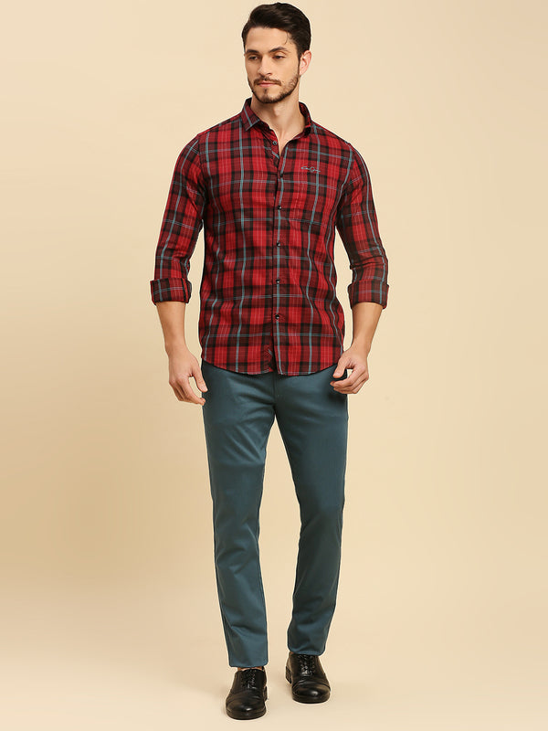 Killer Men Maroon Checks Slim Fit Shirts