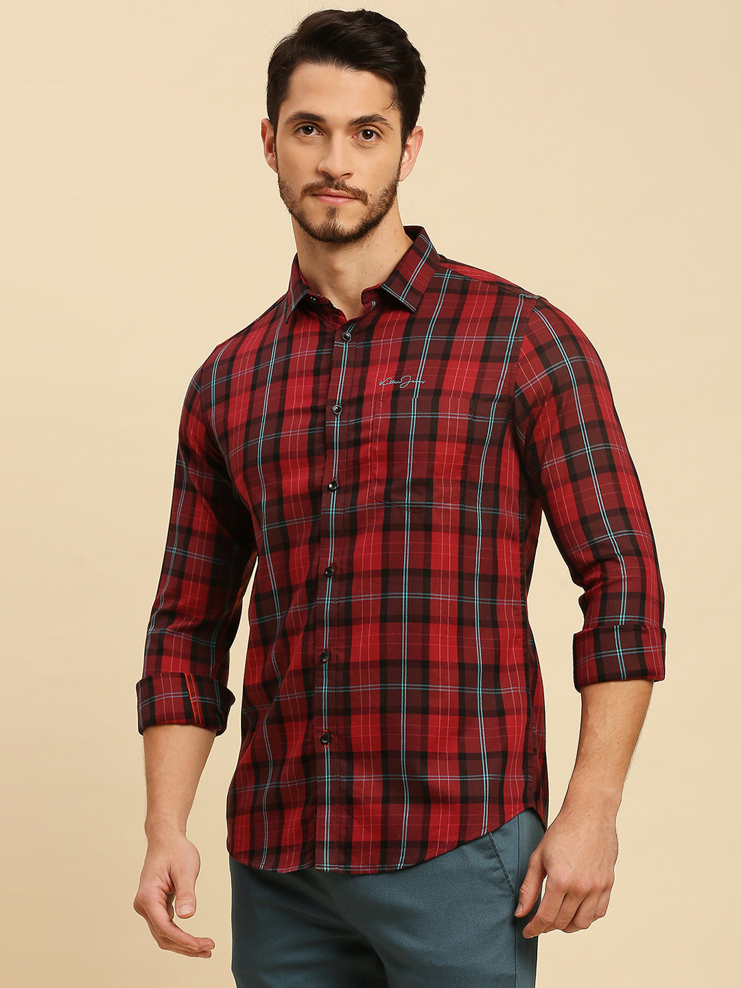 Killer Men Maroon Checks Slim Fit Shirts