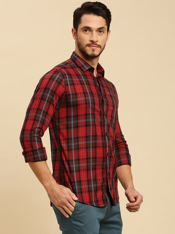 Killer Men Maroon Checks Slim Fit Shirts