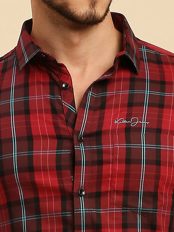 Killer Men Maroon Checks Slim Fit Shirts