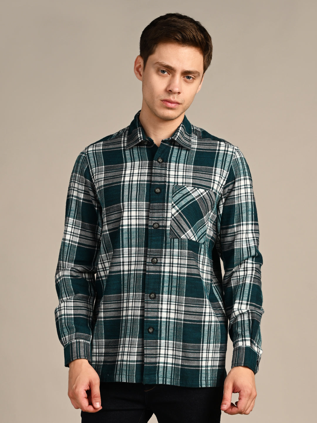 Killer Men Dark Green Checks Straight Fit Shirts