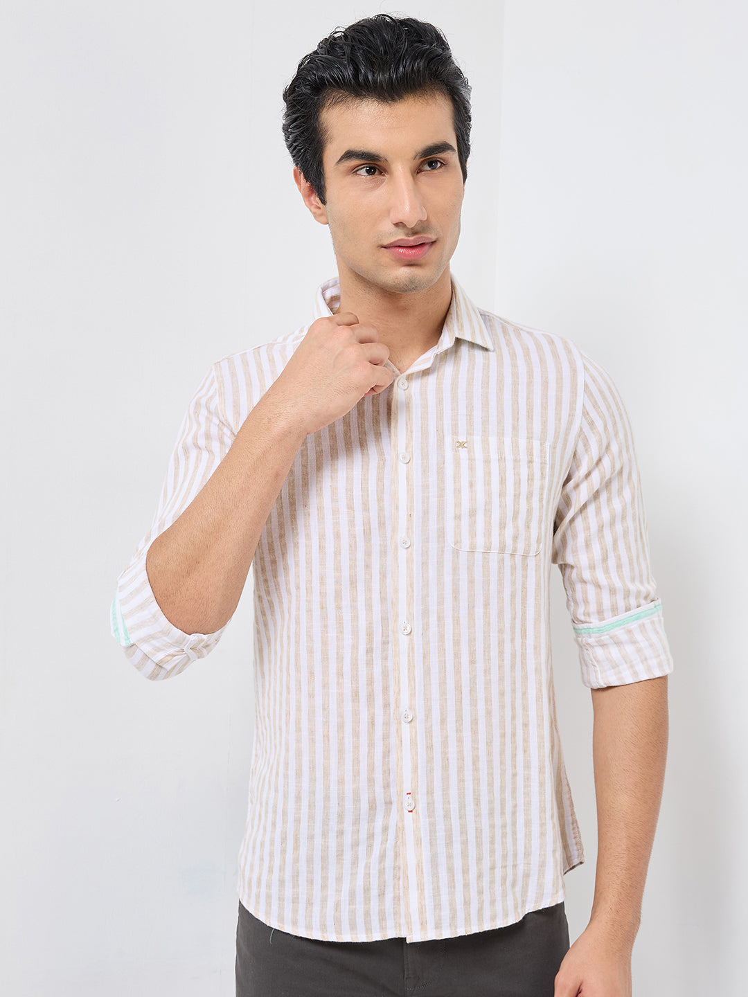 Killer Men Beige Stripe Slim Fit Shirts
