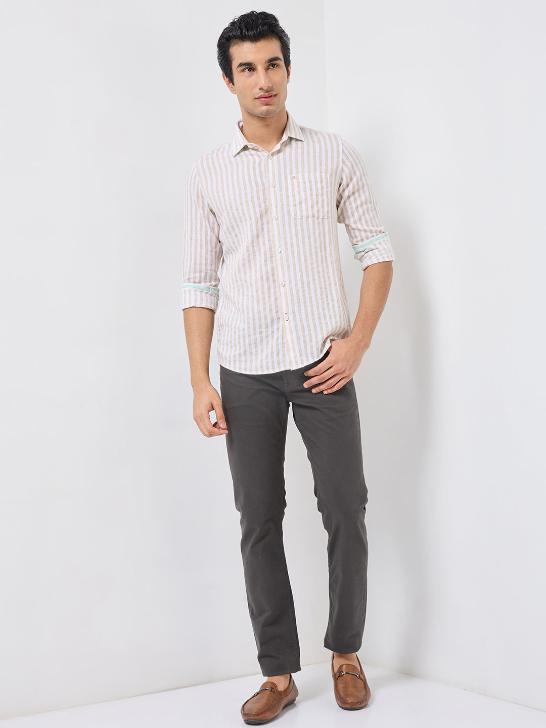 Killer Men Beige Stripe Slim Fit Shirts