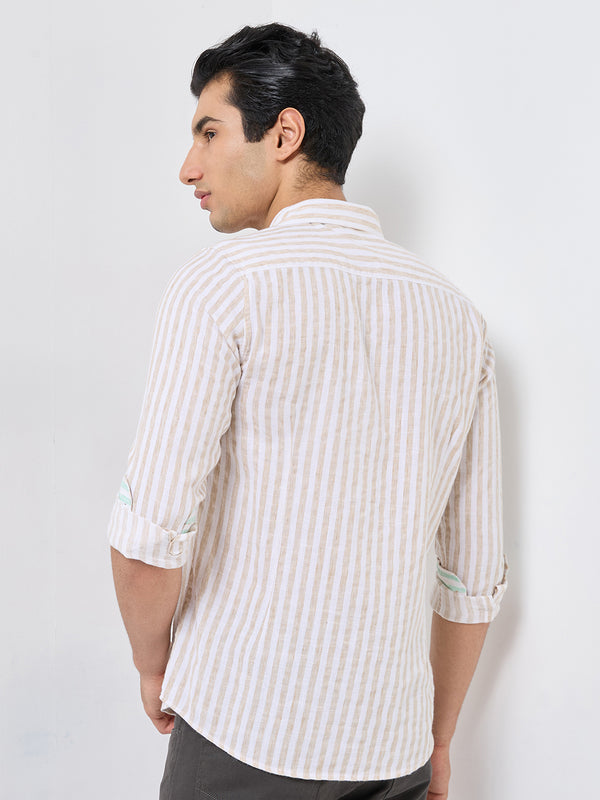 Killer Men Beige Stripe Slim Fit Shirts