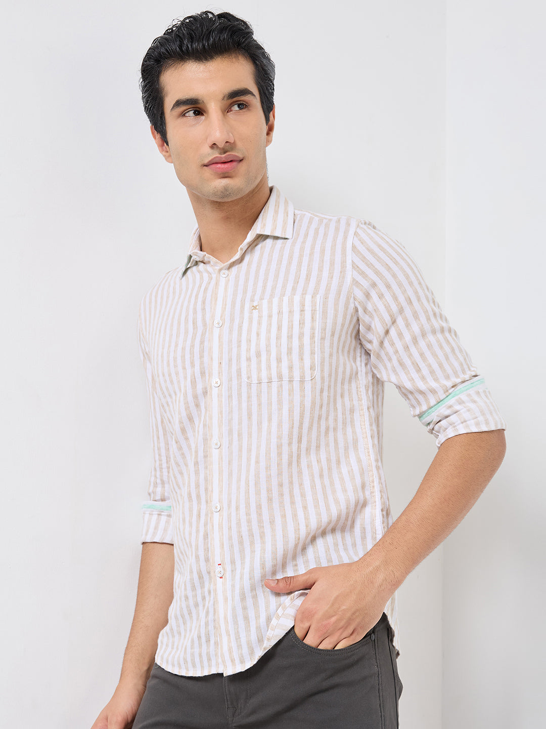 Killer Men Beige Stripe Slim Fit Shirts