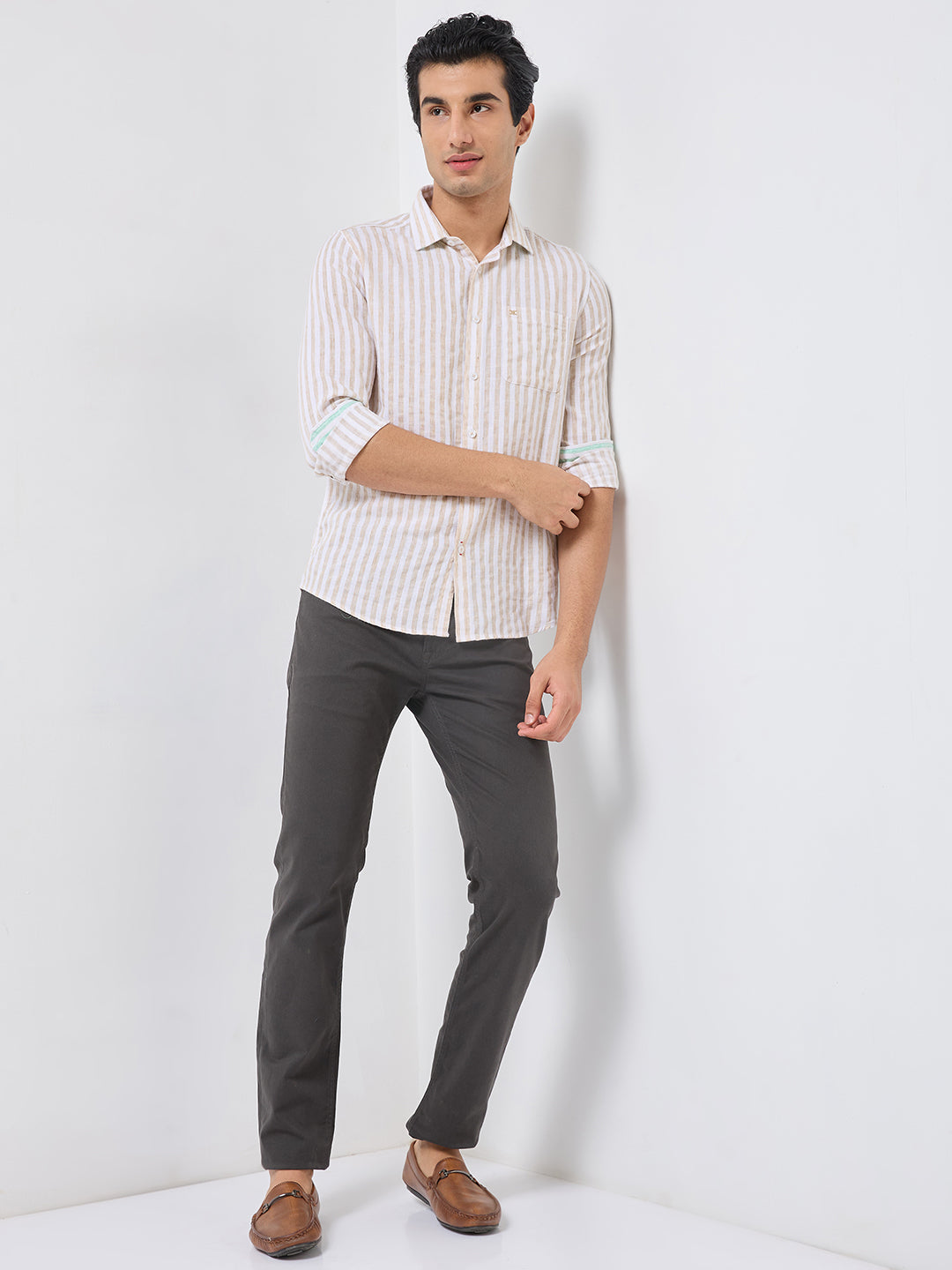 Killer Men Beige Stripe Slim Fit Shirts