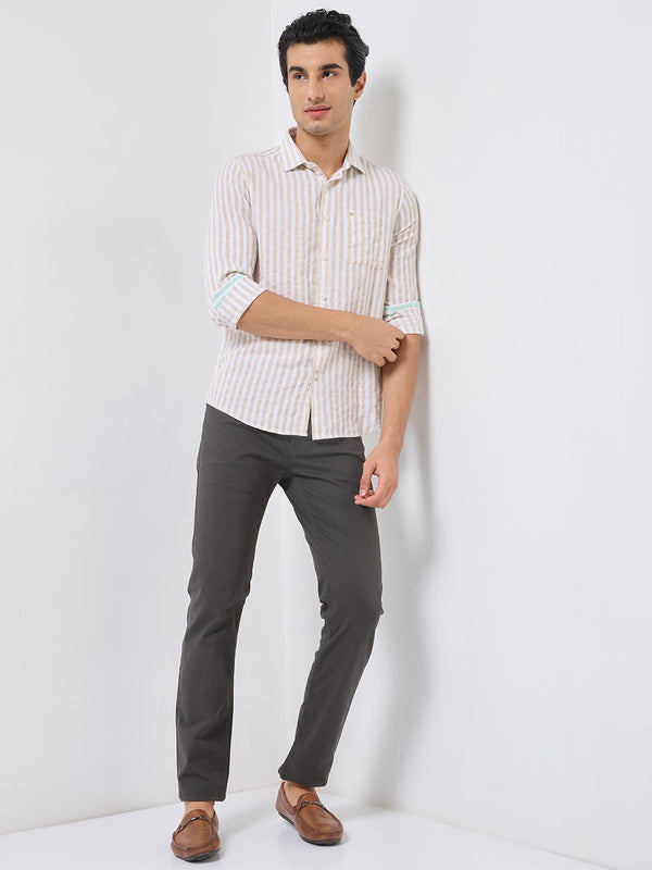 Killer Men Beige Stripe Slim Fit Shirts