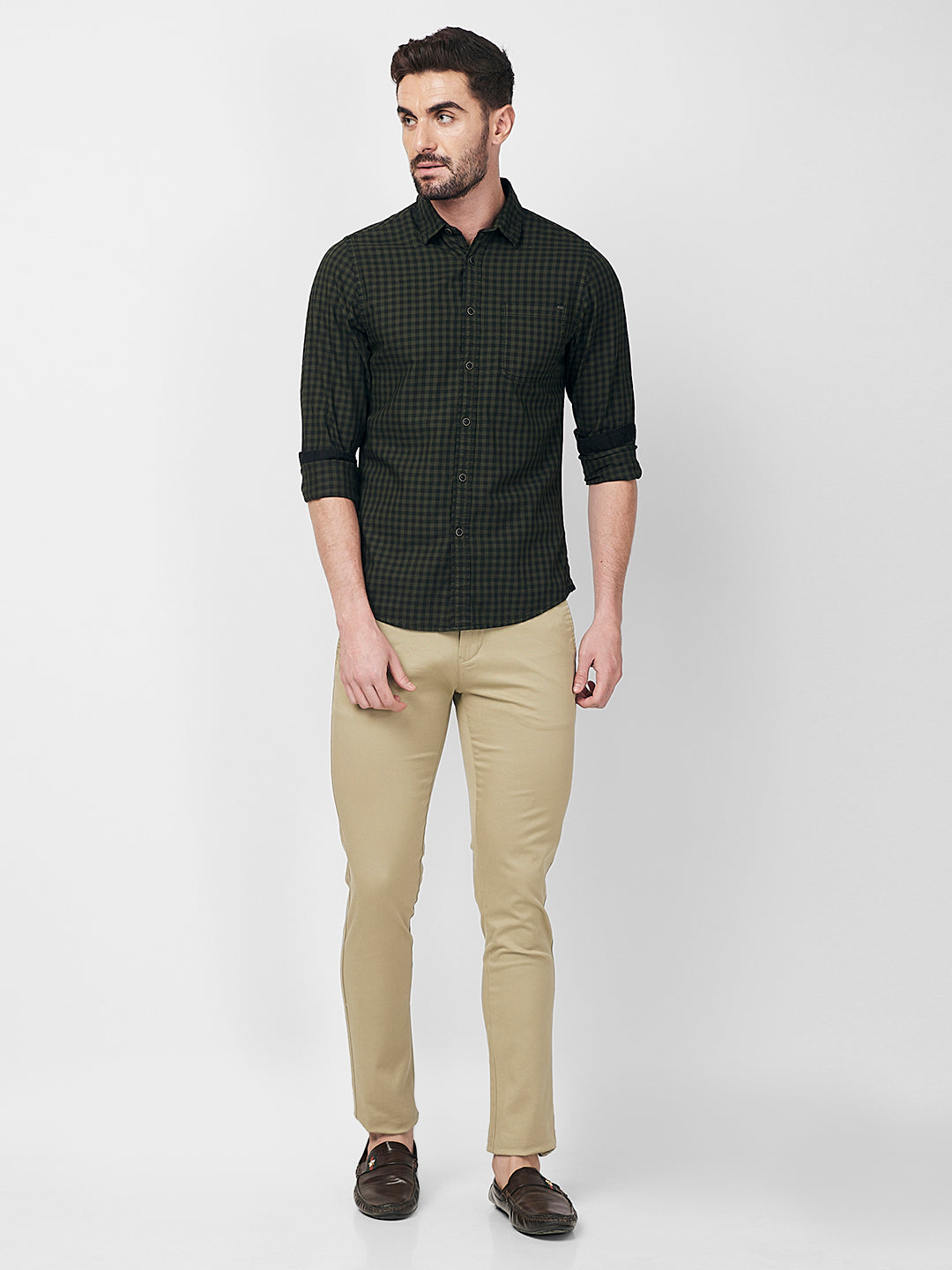 Men Olive Checks Slim Fit Shirt