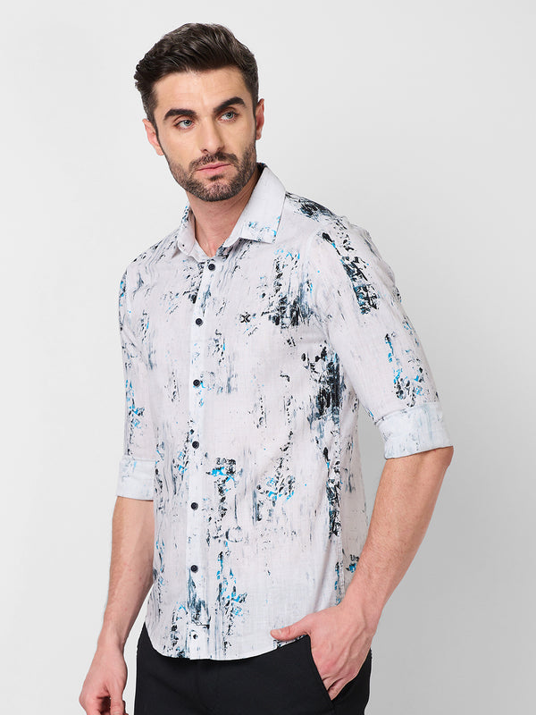 Full sleeves Slim Fit Grey All-Over Distressed texture Print Shirt