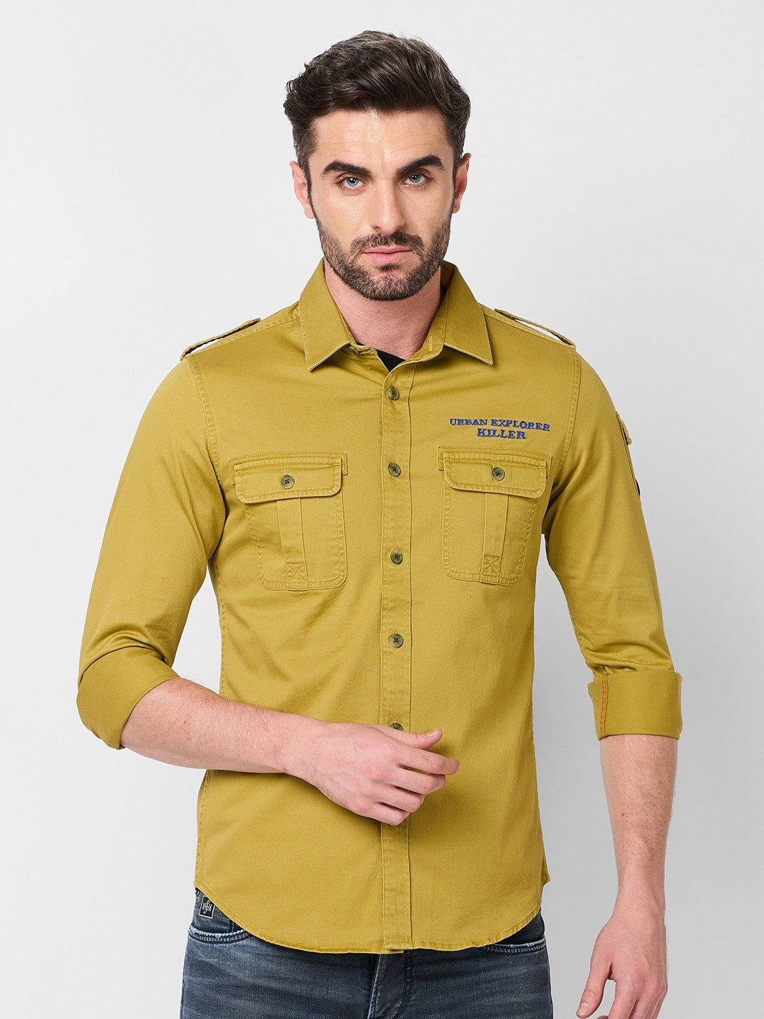 Killer Men Dark Mustard Solid Slim Fit Shirts