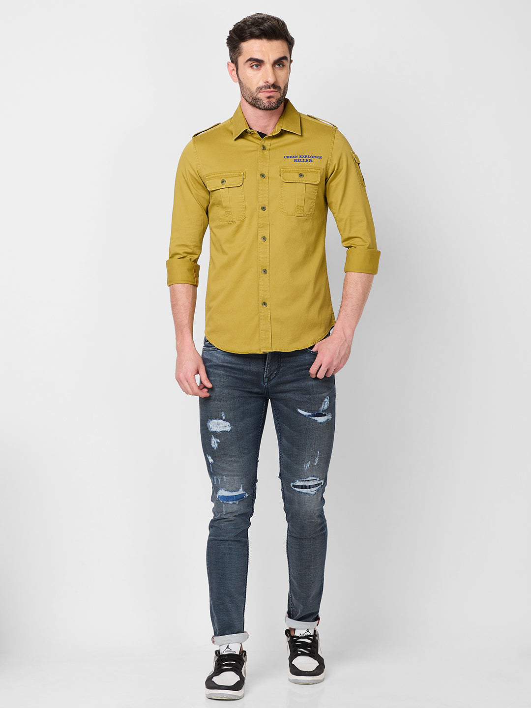 Killer Men Dark Mustard Solid Slim Fit Shirts