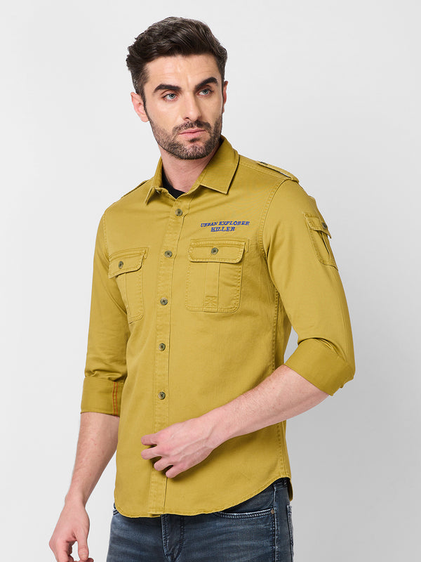 Killer Men Dark Mustard Solid Slim Fit Shirts