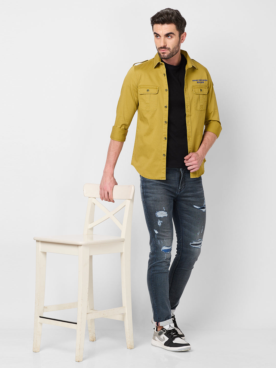 Killer Men Dark Mustard Solid Slim Fit Shirts