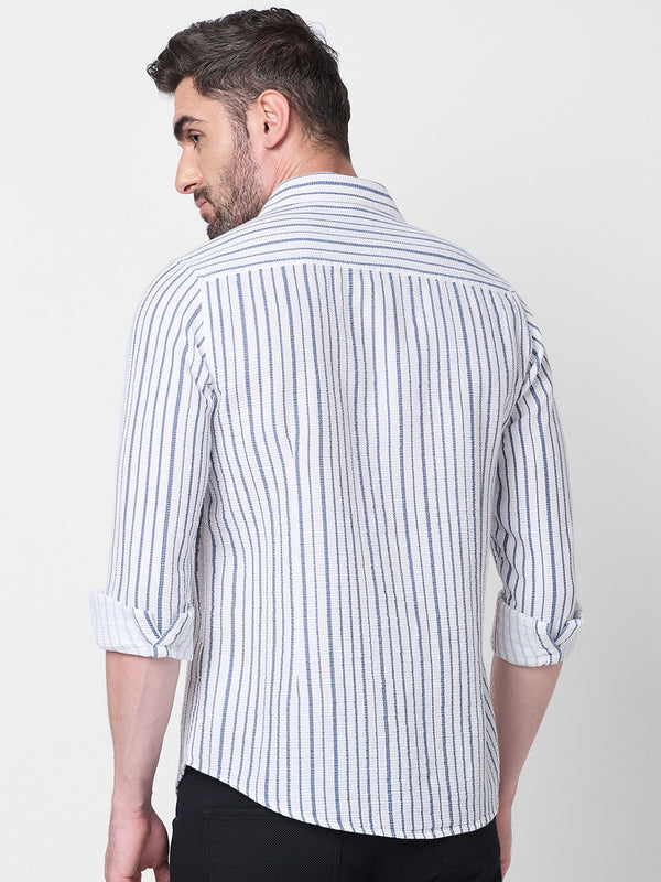 Full sleeves Slim Fit Blue Dobby Structure Printed Stripe Shirt