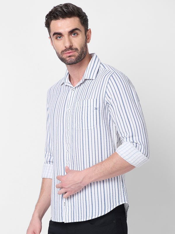 Full sleeves Slim Fit Blue Dobby Structure Printed Stripe Shirt
