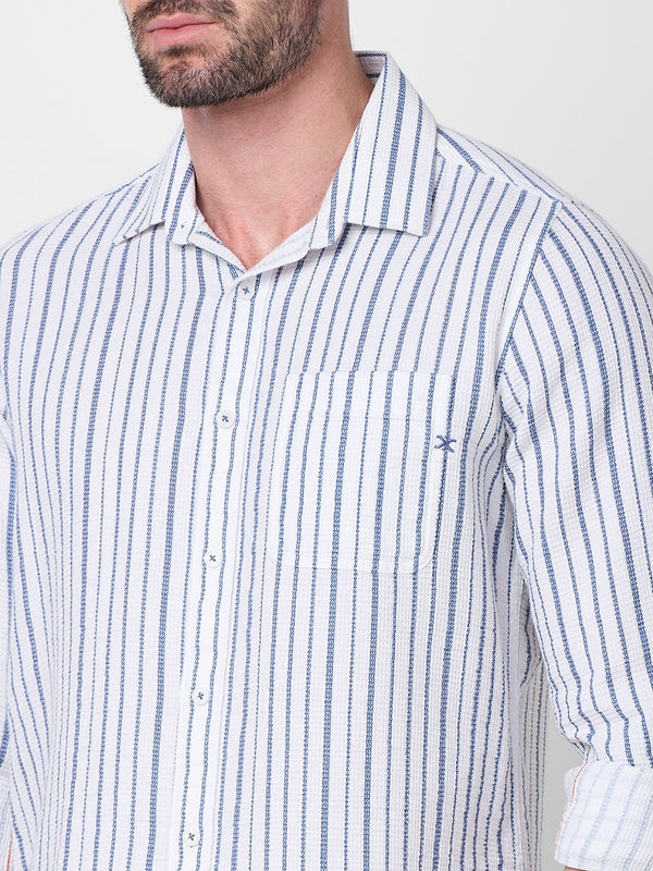 Full sleeves Slim Fit Blue Dobby Structure Printed Stripe Shirt