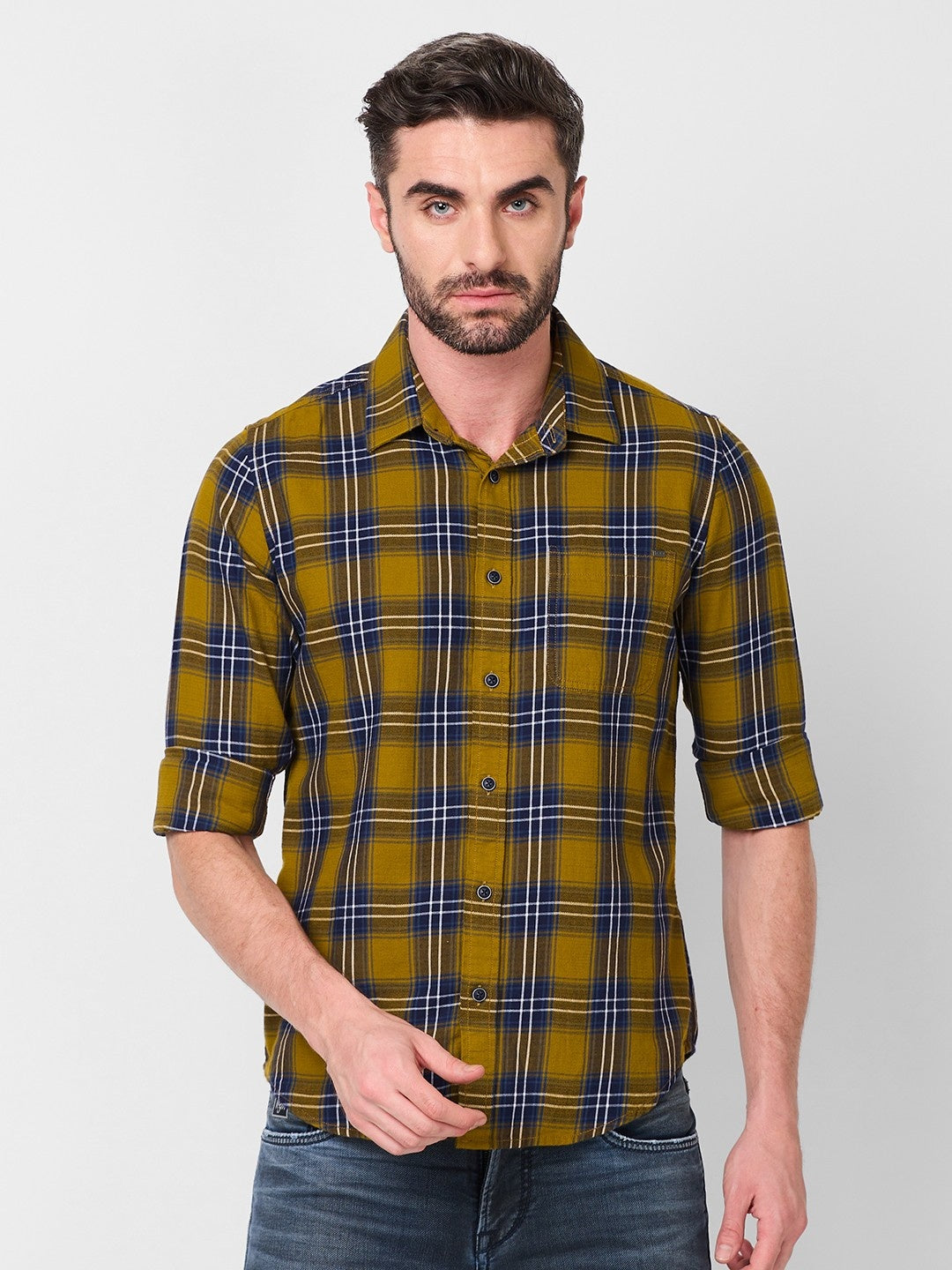 Killer Men Dark Mustard Checks Slim Fit Shirts