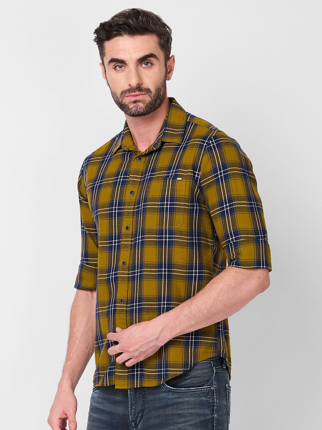 Killer Men Dark Mustard Checks Slim Fit Shirts