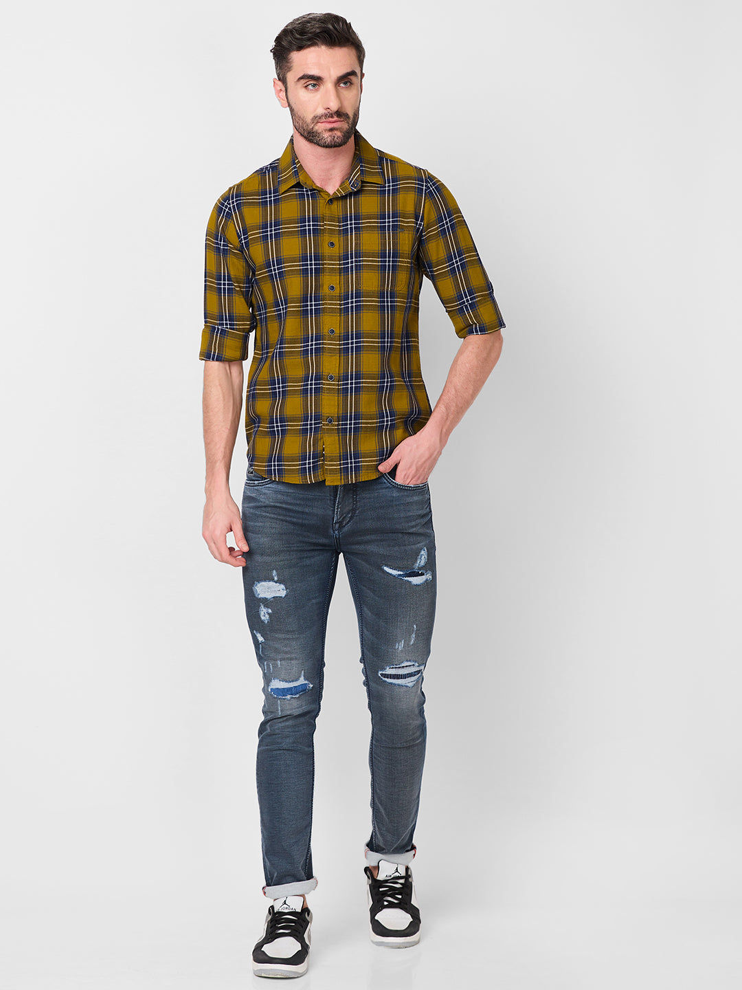 Killer Men Dark Mustard Checks Slim Fit Shirts