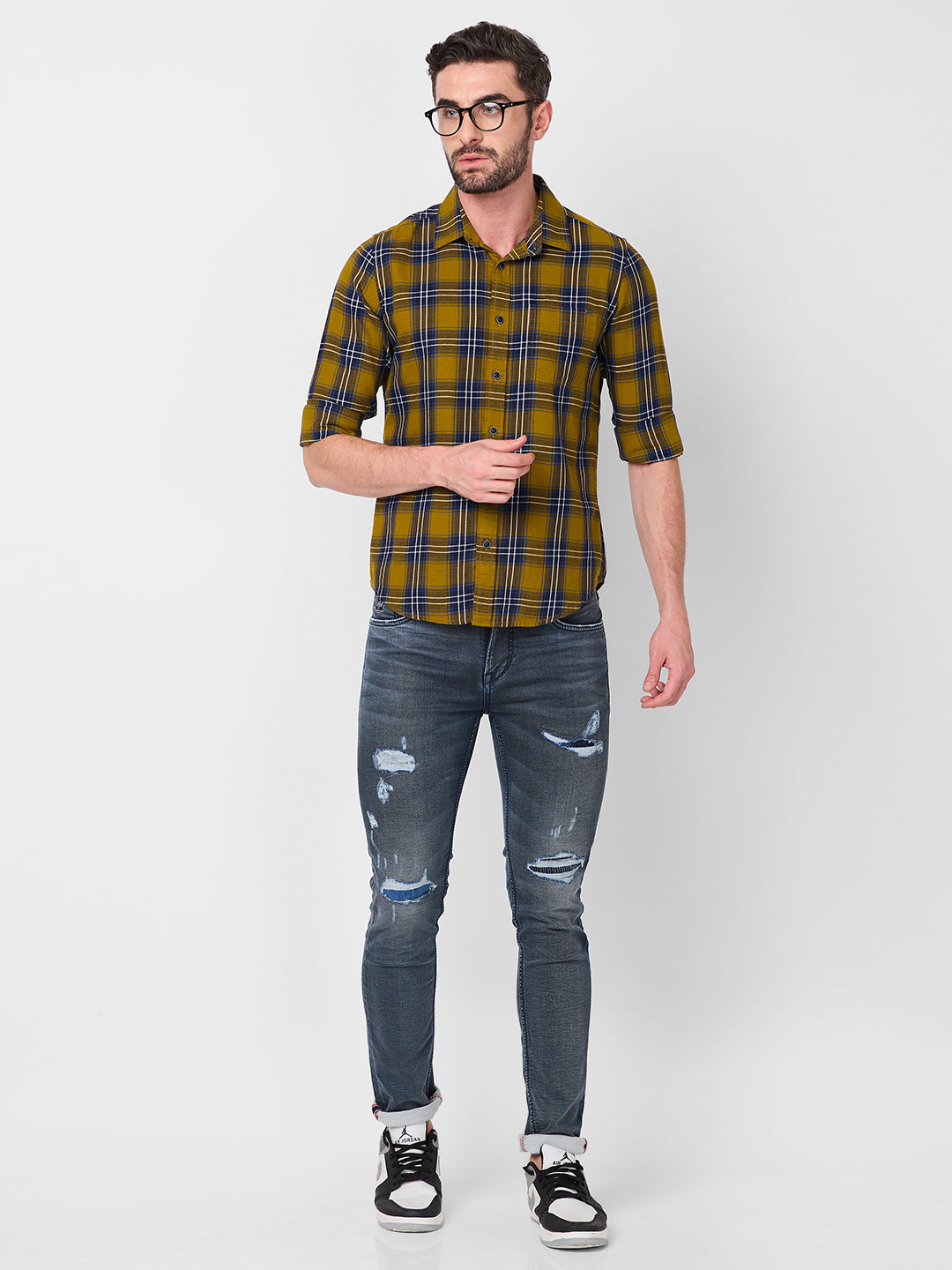 Killer Men Dark Mustard Checks Slim Fit Shirts