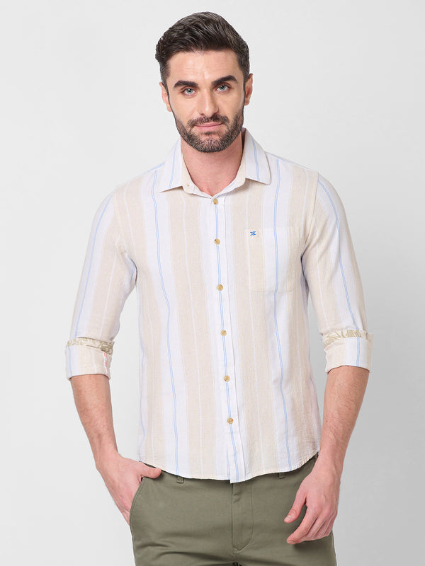 Killer Men Beige Stripe Slim Fit Shirts