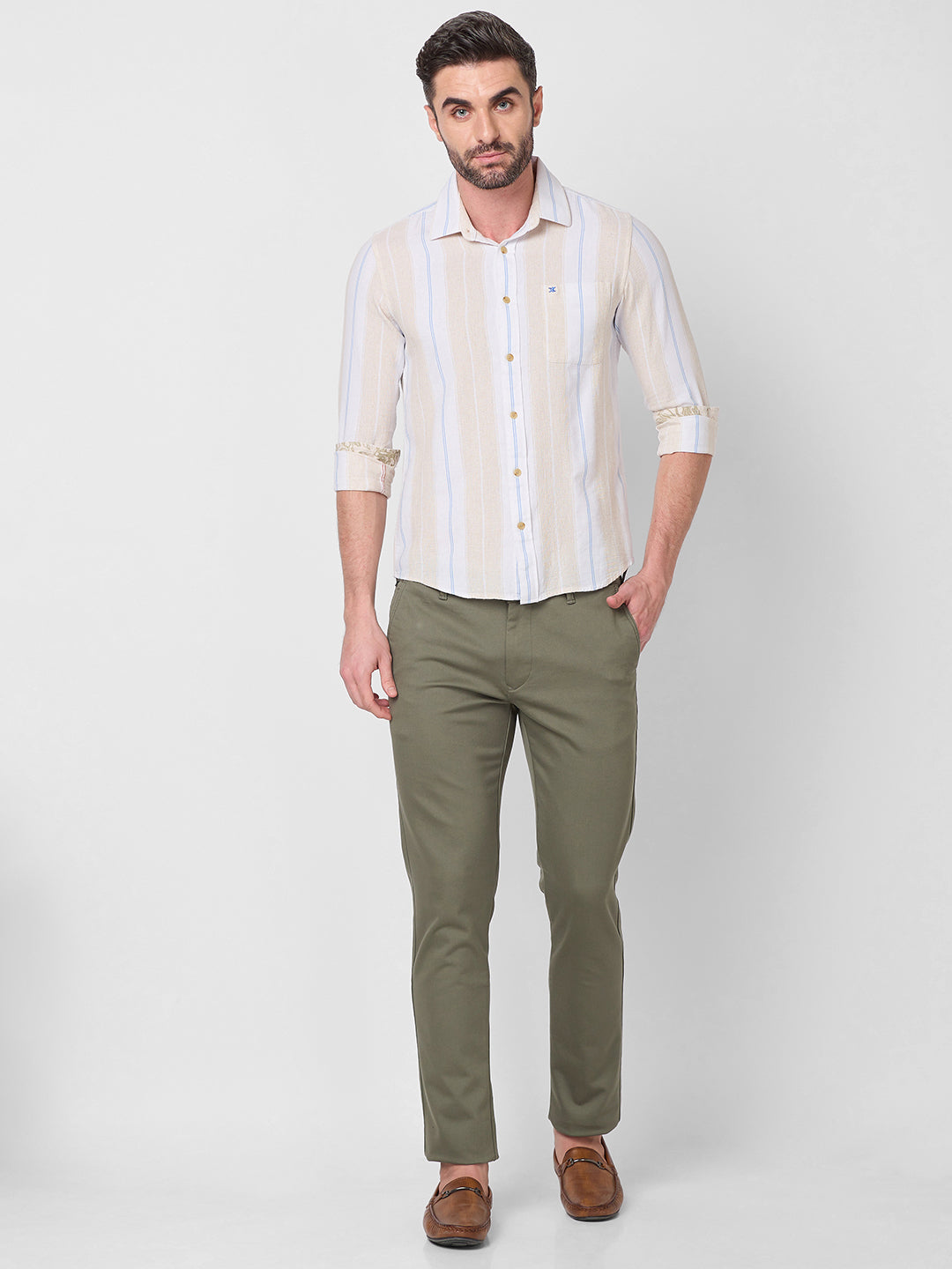 Killer Men Beige Stripe Slim Fit Shirts