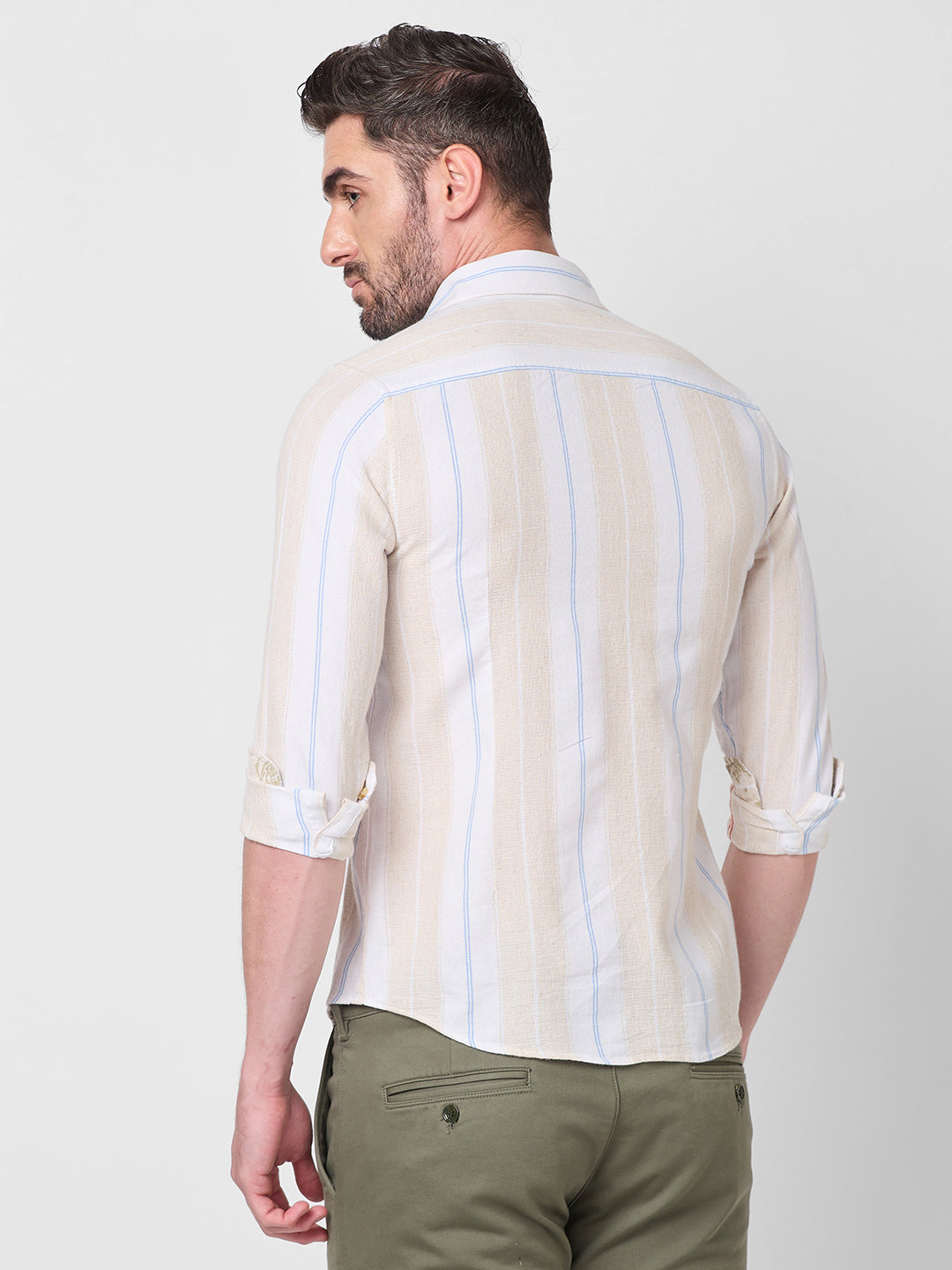Killer Men Beige Stripe Slim Fit Shirts