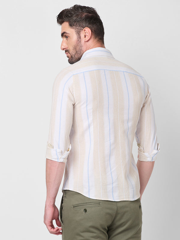 Killer Men Beige Stripe Slim Fit Shirts